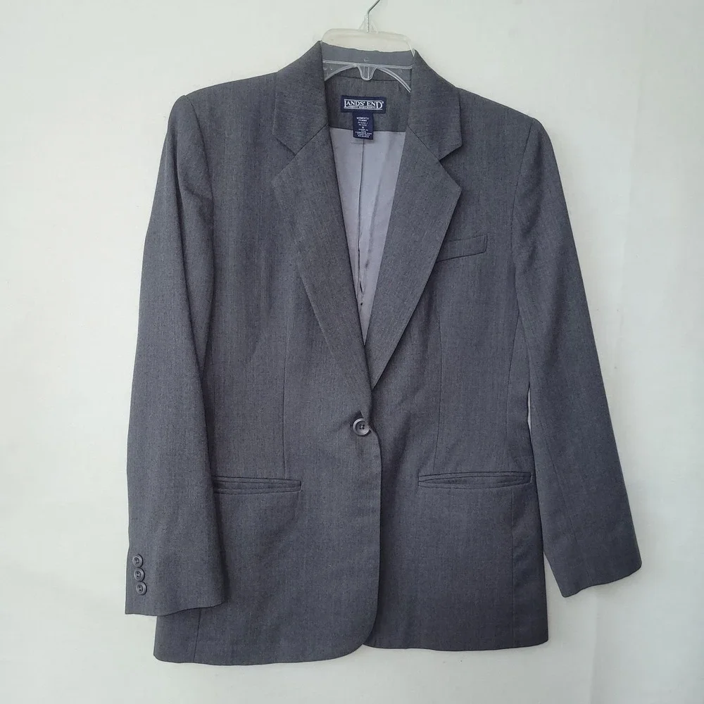Lands End Blazer Jacket Womens 6P Grey 1 Button  Classic Single‎ Breasted Office